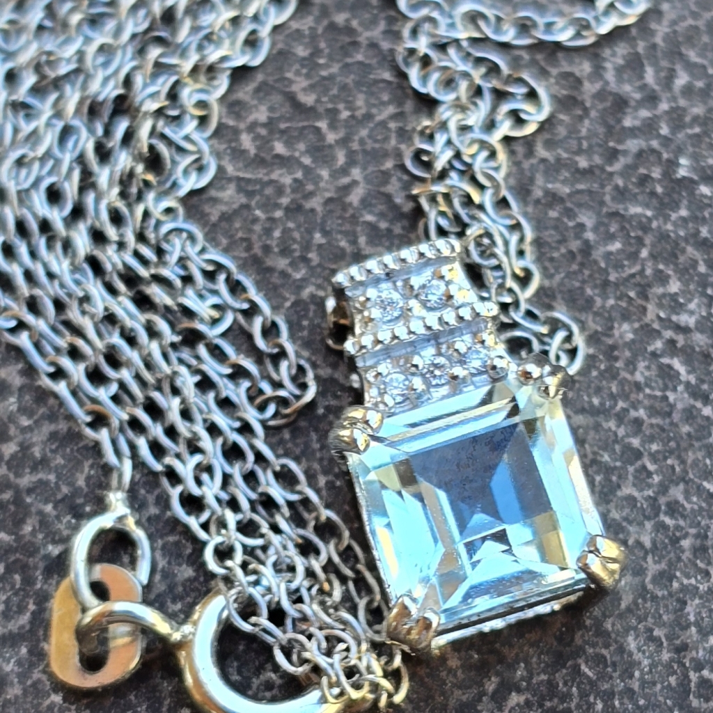 Emerald Cut Aquamarine Diamonds 925 Sterling Silver Necklace